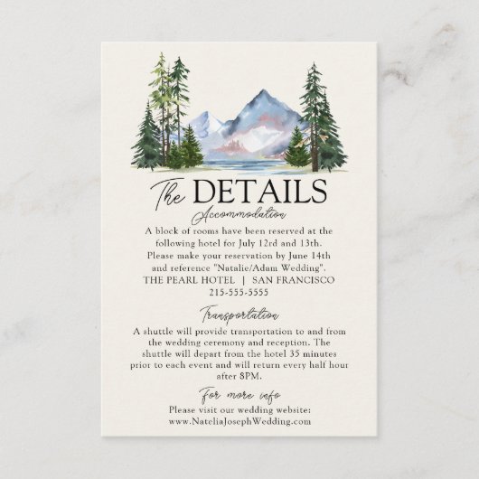 マウンテンウォーターカラーウッドランドパイン結婚ズ詳細 エンクロージャーカード (正面)