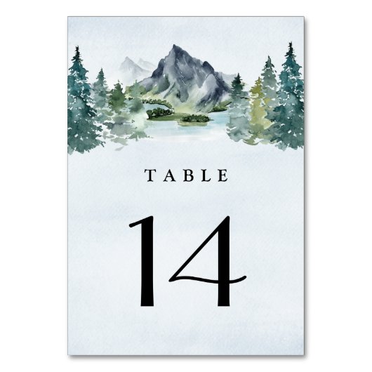 マウンテンウォーターカラー素朴エバーグリーン結婚ツリー テーブルナンバー (正面)