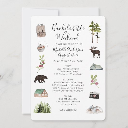 マウンテンウッズバチェロレッテ週末の日程 招待状 (正面)