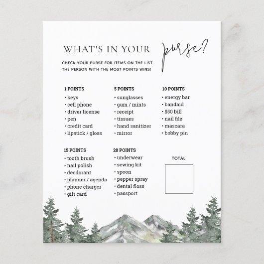 マウンテンウッドランド赤ちゃんシャワー財布ゲームカード (正面)