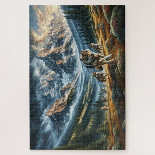 マウンテンウルフパック、ウルフファミリー、ワイルド ジグソーパズル (縦)