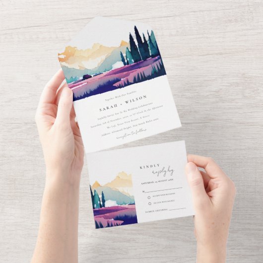 マウンテンカントリー薄紫フィールドランドスケープ結婚ズ オールインワン招待状 (貼ってはがせる)