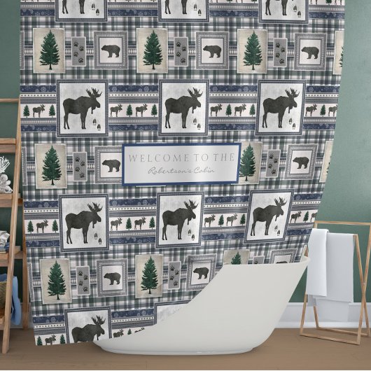 マウンテンキャビンムースベアーツリーズブルーングリーンハイゲ シャワーカーテン