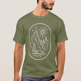 マウンテンキャンピングジオメトリラインアートミニマリスト Tシャツ