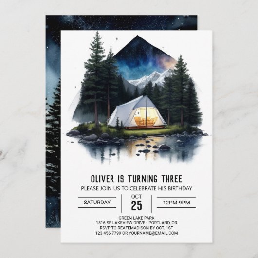 マウンテンキャンプファイヤーキッズ誕生日招待状 招待状 (正面/裏面)