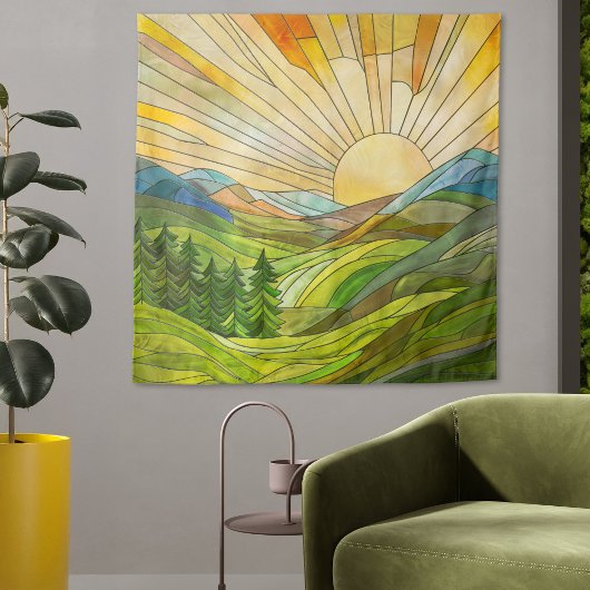 マウンテンサンライズモザイクデジタルアート タペストリー