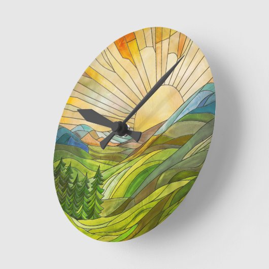 マウンテンサンライズモザイクデジタルアート ラウンド壁時計 (傾斜)