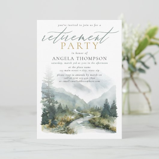 マウンテンズグリーンウォーター色シンプル退職パーティー 招待状 (スタンド正面)