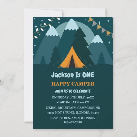 マウンテンズテントワンハッピーカンパーファースト誕生日 招待状 (正面)