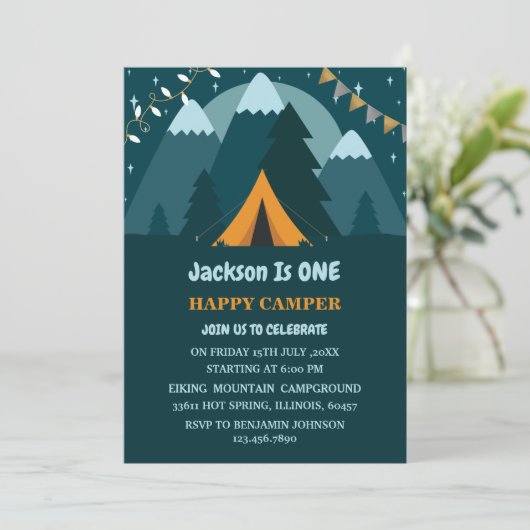 マウンテンズテントワンハッピーカンパーファースト誕生日 招待状 (スタンド正面)