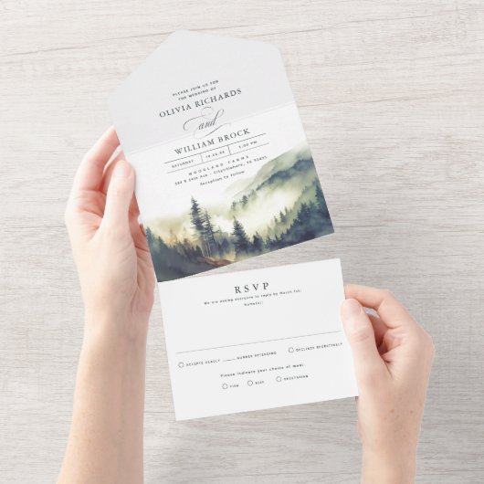 マウンテンズフォレストフォグ夕べランドスケープ結婚ズ オールインワン招待状 (貼ってはがせる)