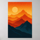 マウンテンズレトロランドスケープイラストレーションレッドブルー ポスター (正面)