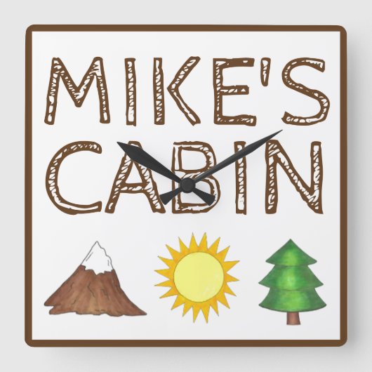 マウンテンツリーサンシャインキャンピングキャンプグラウンドキャビン スクエア壁時計 (正面)