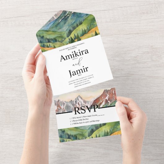 マウンテンドリーミーウォーターカラー結婚グリッターズB オールインワン招待状 (貼ってはがせる)