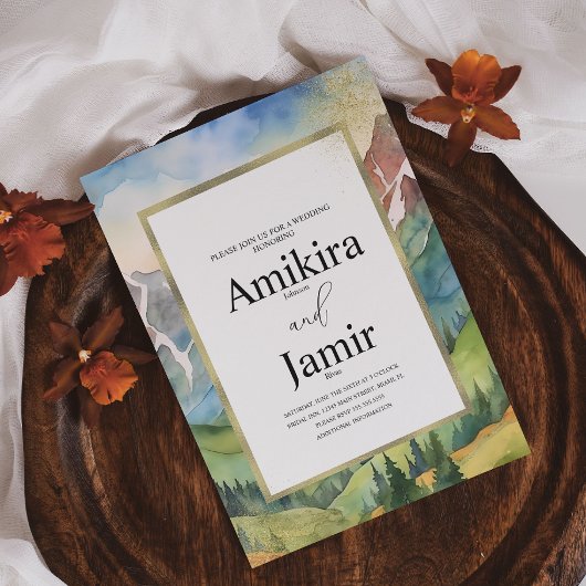 マウンテンドリーミーウォーターカラー結婚グリッターズB 招待状