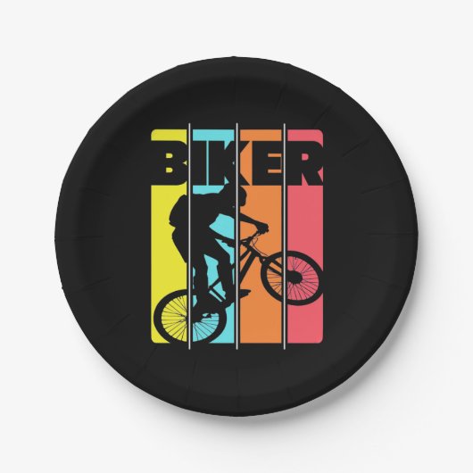 マウンテンバイクもしくは自転車に乗る人レトロヴィンテージ ペーパープレート (正面)