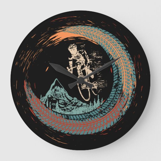マウンテンバイクダウンヒルMTBヴィンテージマウンテンバイクもしくは自転車に乗る人 ラージ壁時計 (正面)