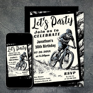マウンテンバイクモダンスケッチスタイル誕生日 招待状