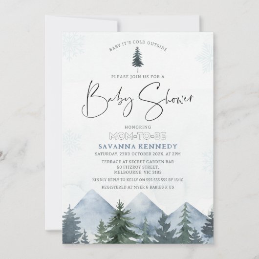 マウンテンパインズベビーベビーシャワー外は寒い 招待状 (正面)