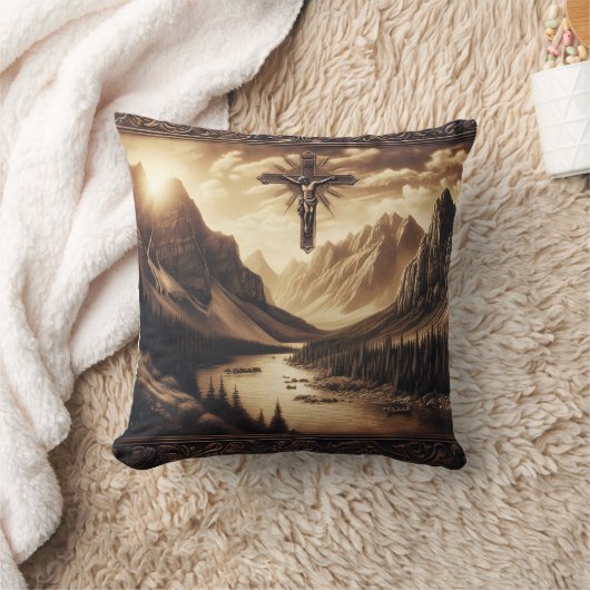 マウンテンビューと十字架にイエス クッション (ブランケット)
