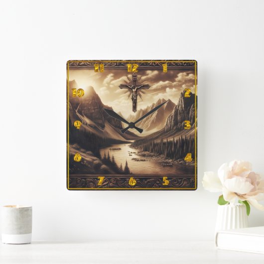 マウンテンビューと十字架にイエス スクエア壁時計 (ホーム)