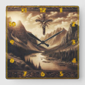 マウンテンビューと十字架にイエス スクエア壁時計 (正面)