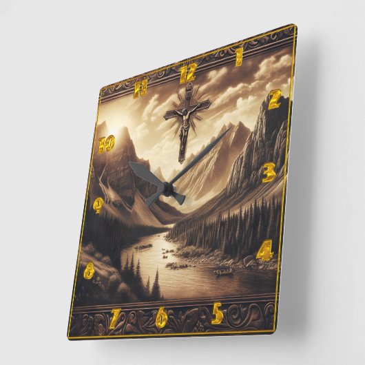 マウンテンビューと十字架にイエス スクエア壁時計 (傾斜)