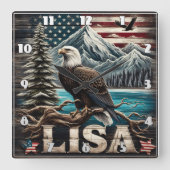 マウンテンビューに対してブランチに止まったハゲのワシ スクエア壁時計 (正面)