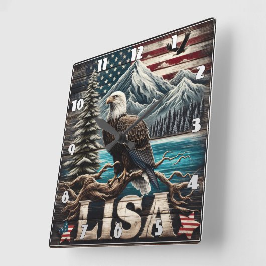 マウンテンビューに対してブランチに止まったハゲのワシ スクエア壁時計 (傾斜)