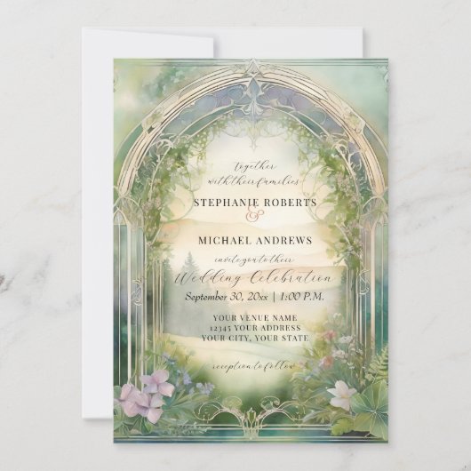 マウンテンフォレストウッドランドファンタジーエレガントな結婚式 招待状 (正面)