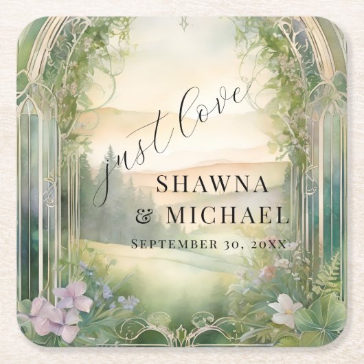 マウンテンフォレストウッドランドJust Loveエレガントな結婚式 スクエアペーパーコースター (正面)
