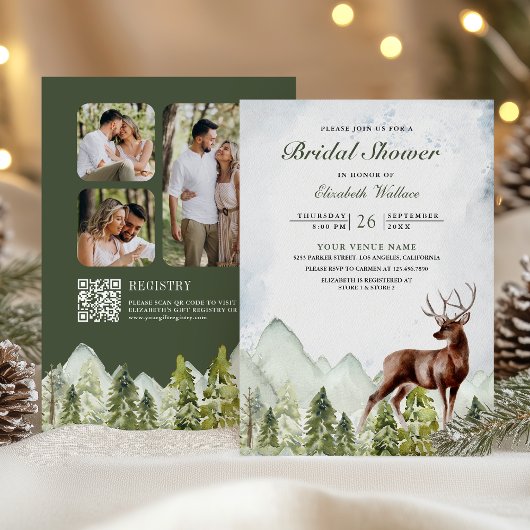 マウンテンフォレストディアーQRコードフォトブライダルシャワー 招待状