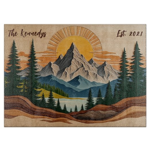 マウンテンフォレストパーソナライズされたファミリーガラス カッティングボード (正面)