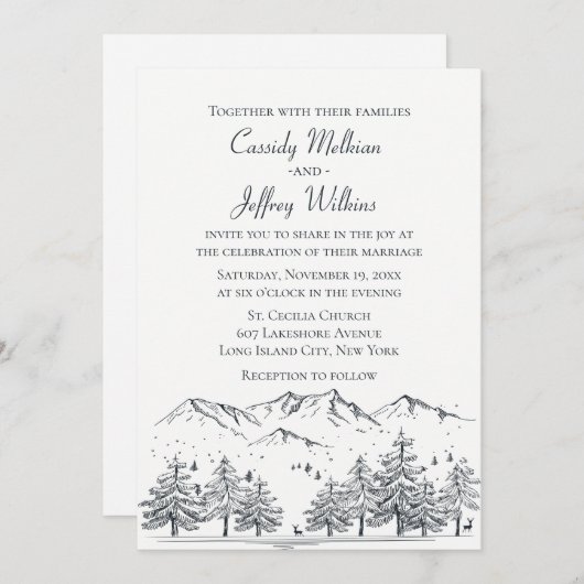 マウンテンフォレ結婚スト白黒カントリー素朴 招待状 (正面/裏面)