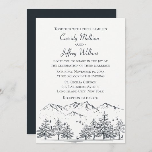 マウンテンフォレ結婚スト白黒カントリー素朴 招待状 (正面/裏面)