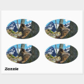 マウンテンブラックウルフツリーズワイルドライフアート 楕円形シール (シート)