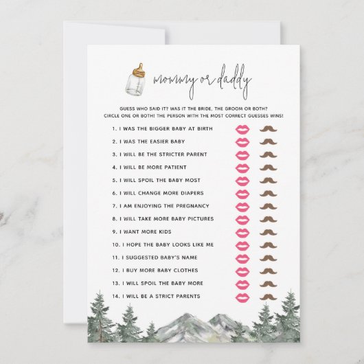 マウンテンベビーシャワーママまたはパパのゲームカード 招待状 (正面)