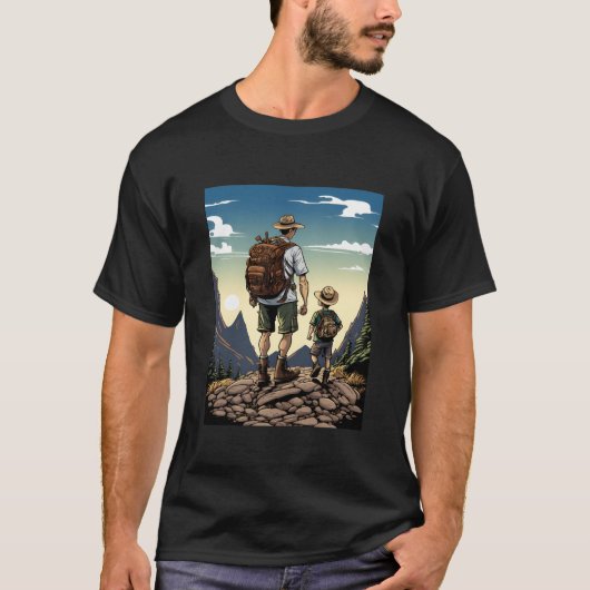 マウンテンラベル キャンプ 冒険 父と息子 ファミリー Tシャツ (正面)