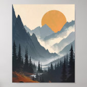 マウンテンランドスケープイラストレーションオレンジグレー ポスター (正面)
