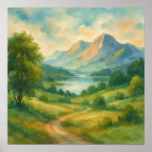 マウンテンランドスケープ – 水絵を描色のスタイルアート ポスター (正面)
