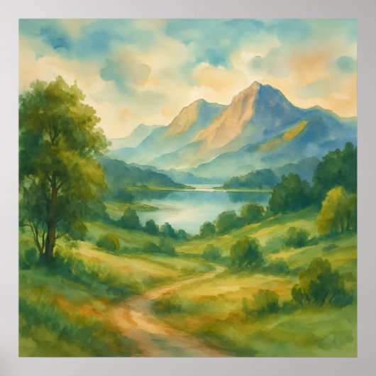 マウンテンランドスケープ – 水絵を描色のスタイルアート ポスター (正面)