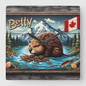 マウンテンリバーの巣を作るカナディアン・ビーバー スクエア壁時計 (正面)