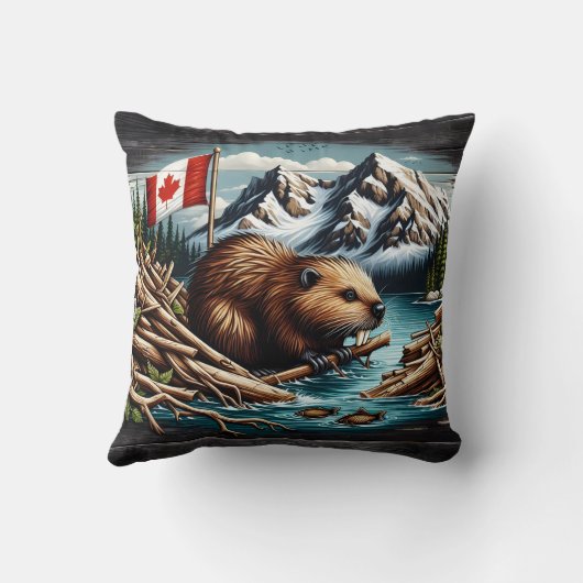 マウンテンリバー国旗を掲げたカナディアン・ビーバー クッション (裏面)