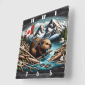 マウンテンリバー国旗を掲げたカナディアン・ビーバー スクエア壁時計 (傾斜)