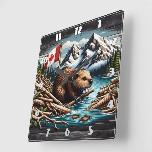 マウンテンリバー国旗を掲げたカナディアン・ビーバー スクエア壁時計 (傾斜)