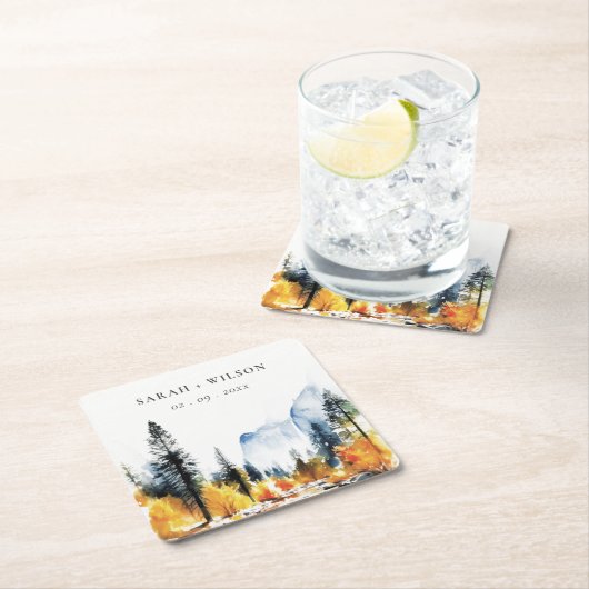 マウンテンリバー秋ウィンターランドスケープ結婚ズ スクエアペーパーコースター (インサイチュ)