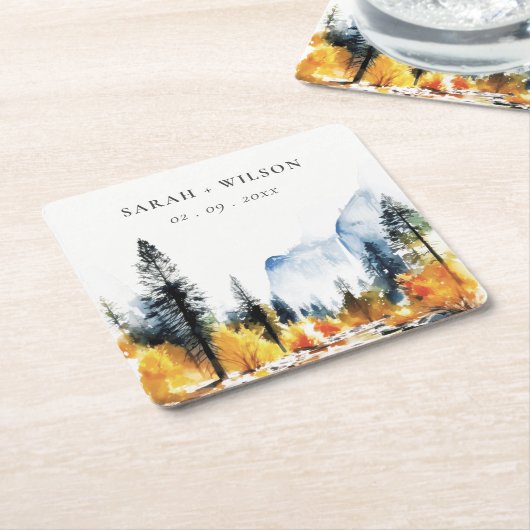 マウンテンリバー秋ウィンターランドスケープ結婚ズ スクエアペーパーコースター (アングル)