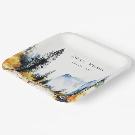 マウンテンリバー秋ウィンターランドスケープ結婚ズ ペーパープレート (傾斜あり)