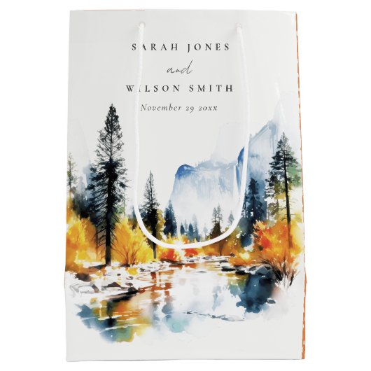 マウンテンリバー秋ウィンターランドスケープ結婚ズ ミディアムペーパーバッグ (裏面)