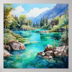 マウンテンリバー鮮やかな色の水の色絵画の ポスター